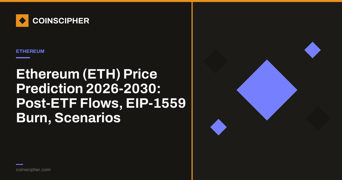 Ethereum (ETH) Price Prediction 2026-2030: Post-ETF Flows, EIP-1559 Burn, Scenarios