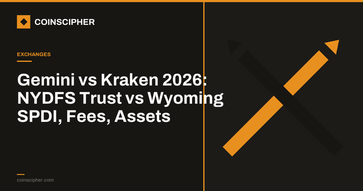 Gemini vs Kraken 2026: NYDFS Trust vs Wyoming SPDI, Fees, Assets