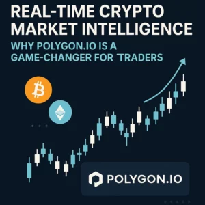 Real-time crypto market data visualization with Polygon.io logo and rising candlestick chart