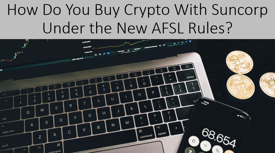 Laptop showing a crypto trading chart beside a smartphone calculator and Bitcoin coins, illustrating how Suncorp customers can buy cryptocurrency under Australia’s new AFSL rules.