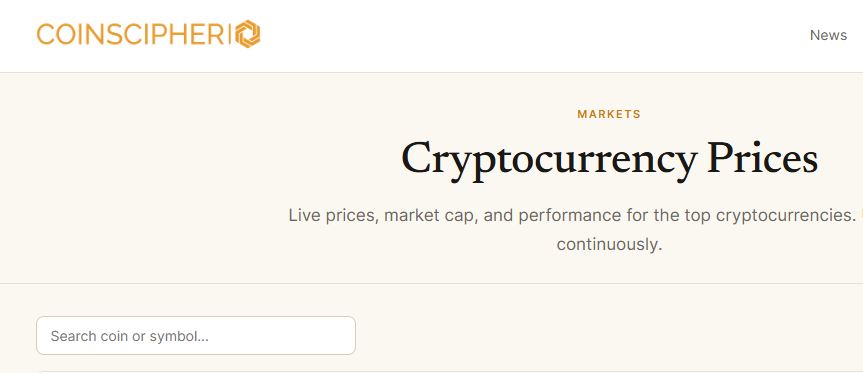 crypto coins search function on Coinscipher.com
