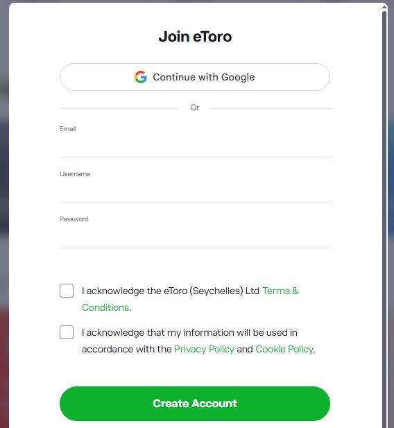 signing up for an account on etoro