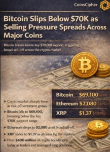 Crypto Market Update: Bitcoin Slips Below 70000 as Selling Pressure Spreads Across Major Coins