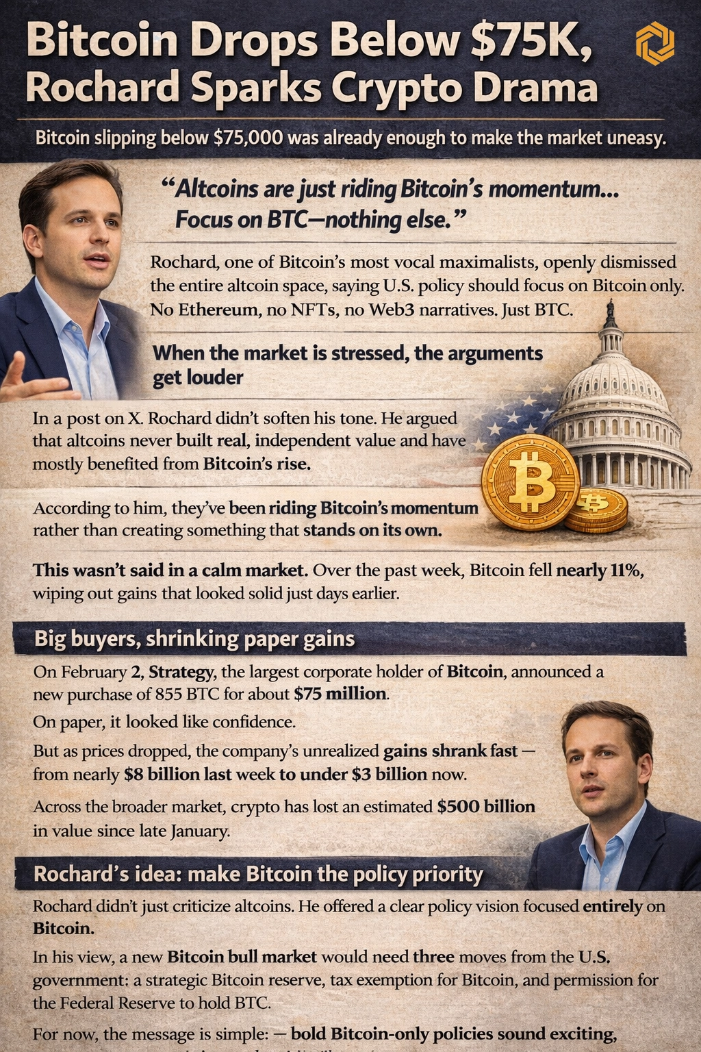 Crypto News:Bitcoin slipping below $75,000 was already enough to make the market uneasy.Then Pierre Rochard poured fuel on an old fire inside crypto.