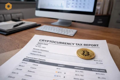 Crypto tax report document on a desk with a Bitcoin coin, representing crypto tax reporting and compliance