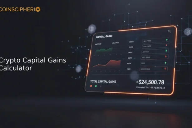 Crypto tax capital gains calculator dashboard with profit loss breakdown and transaction inputs