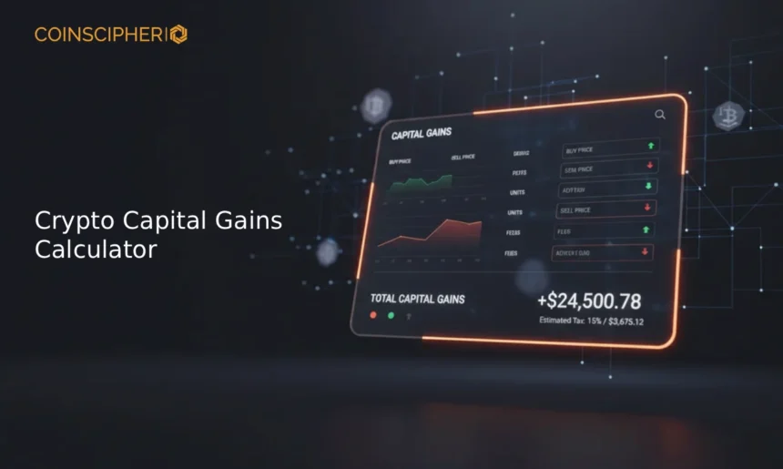 Crypto tax capital gains calculator dashboard with profit loss breakdown and transaction inputs