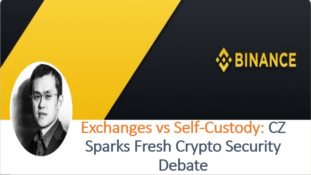 Binance founder Changpeng Zhao beside the Binance logo and the headline “Exchanges vs Self-Custody: CZ Sparks Fresh Crypto Security Debate,” illustrating a discussion about the relative safety of centralized exchanges and self-custody crypto wallets.