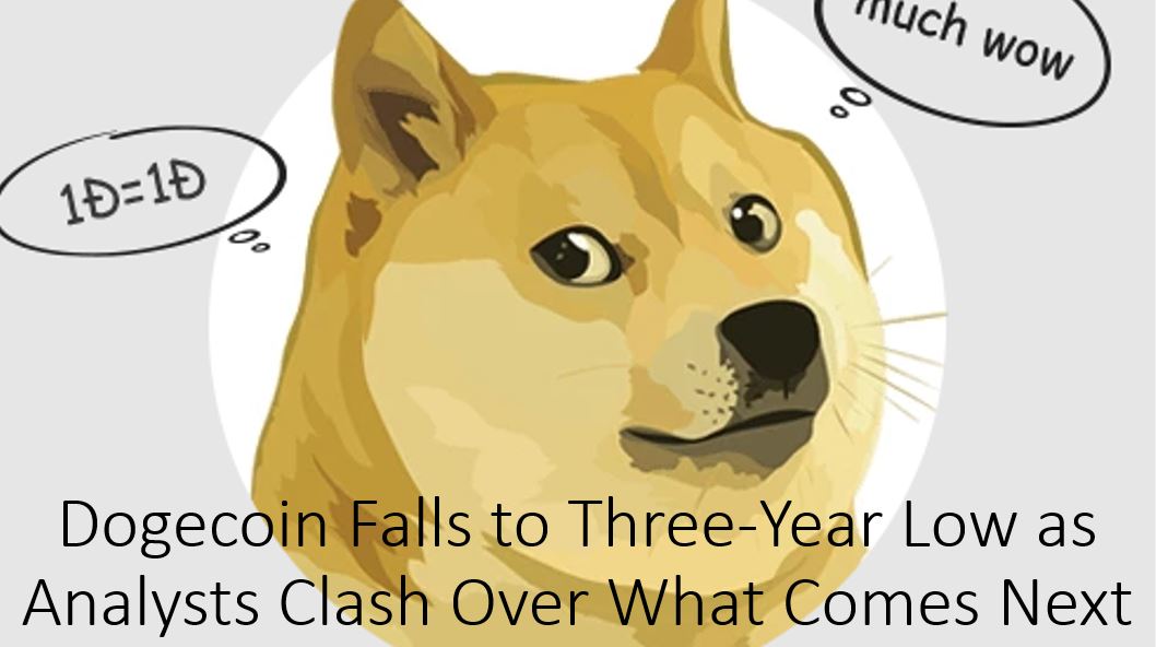 Illustration of the Dogecoin Shiba Inu mascot with speech bubbles, overlaid with the headline “Dogecoin Falls to Three-Year Low as Analysts Clash Over What Comes Next,” representing debate over DOGE’s recent price decline and future direction.
