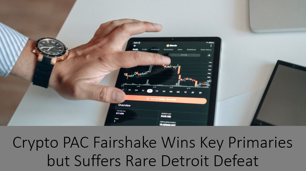 Close-up of a trader’s hand hovering over a tablet displaying live cryptocurrency price charts and candlestick movements, symbolizing the high-stakes intersection of digital assets, campaign money, and shifting political influence after Fairshake’s mixed primary election results.