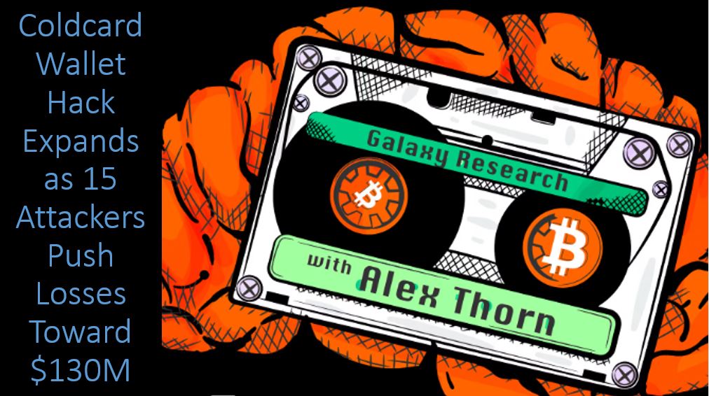 Illustration of a cassette tape labeled “Galaxy Research with Alex Thorn” featuring bitcoin symbols, set against an orange textured background with the headline “Coldcard Wallet Hack Expands as 15 Attackers Push Losses Toward $130M,” representing Galaxy Research’s investigation into the widening Coldcard wallet exploit.
