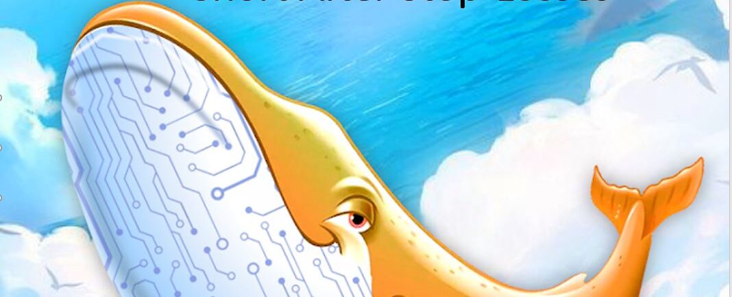Illustration of a stylized Bitcoin whale against a blue sky background, representing a large BTC trader reducing a leveraged short position after stop-loss orders were triggered.