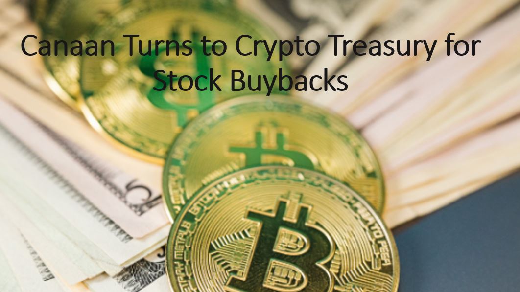 Bitcoin coins placed on U.S. dollar bills, illustrating Canaan using crypto holdings to finance stock buybacks.