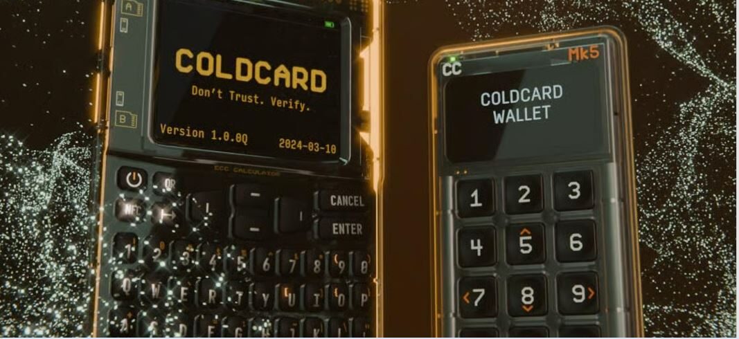Close-up illustration of two Coldcard hardware wallets surrounded by digital particle effects, representing an investigation into a firmware randomness flaw linked to the Coldcard wallet exploit.