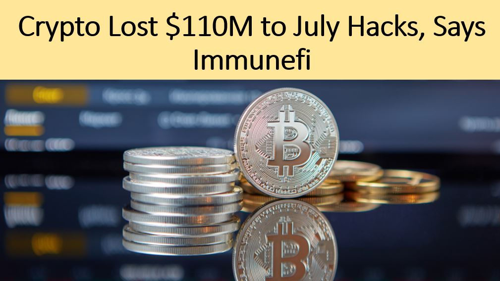Silver and gold Bitcoin tokens reflected on a glossy surface beneath a blurred trading screen, illustrating Immunefi’s report that crypto hacks drained $110 million in July.