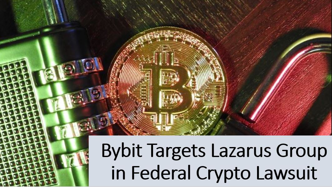 Bitcoin coin caught between a combination lock and an open padlock under dramatic red and green lighting, symbolizing Bybit’s legal effort to freeze crypto allegedly linked to the Lazarus Group and the record-breaking exchange hack.
