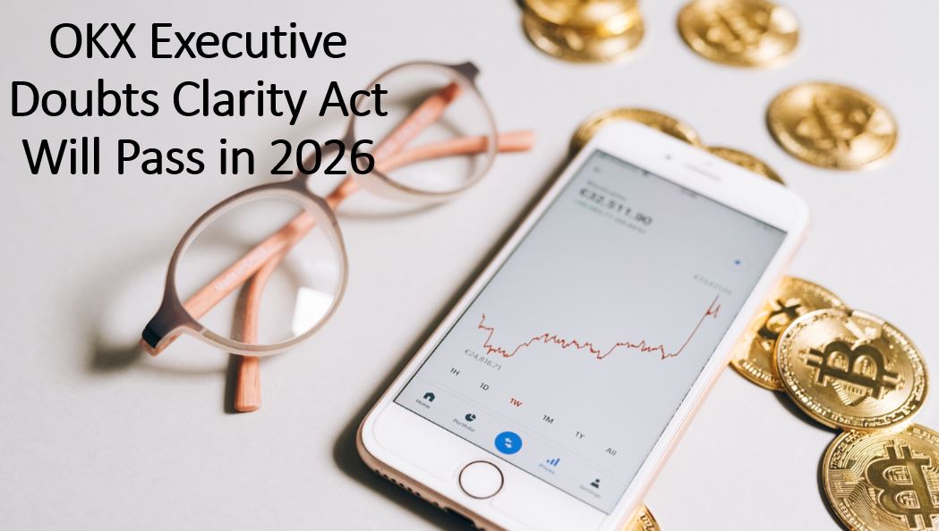 Smartphone displaying a crypto price chart beside eyeglasses and Bitcoin coins, illustrating debate over the Clarity Act and its potential impact on crypto markets and regulation.